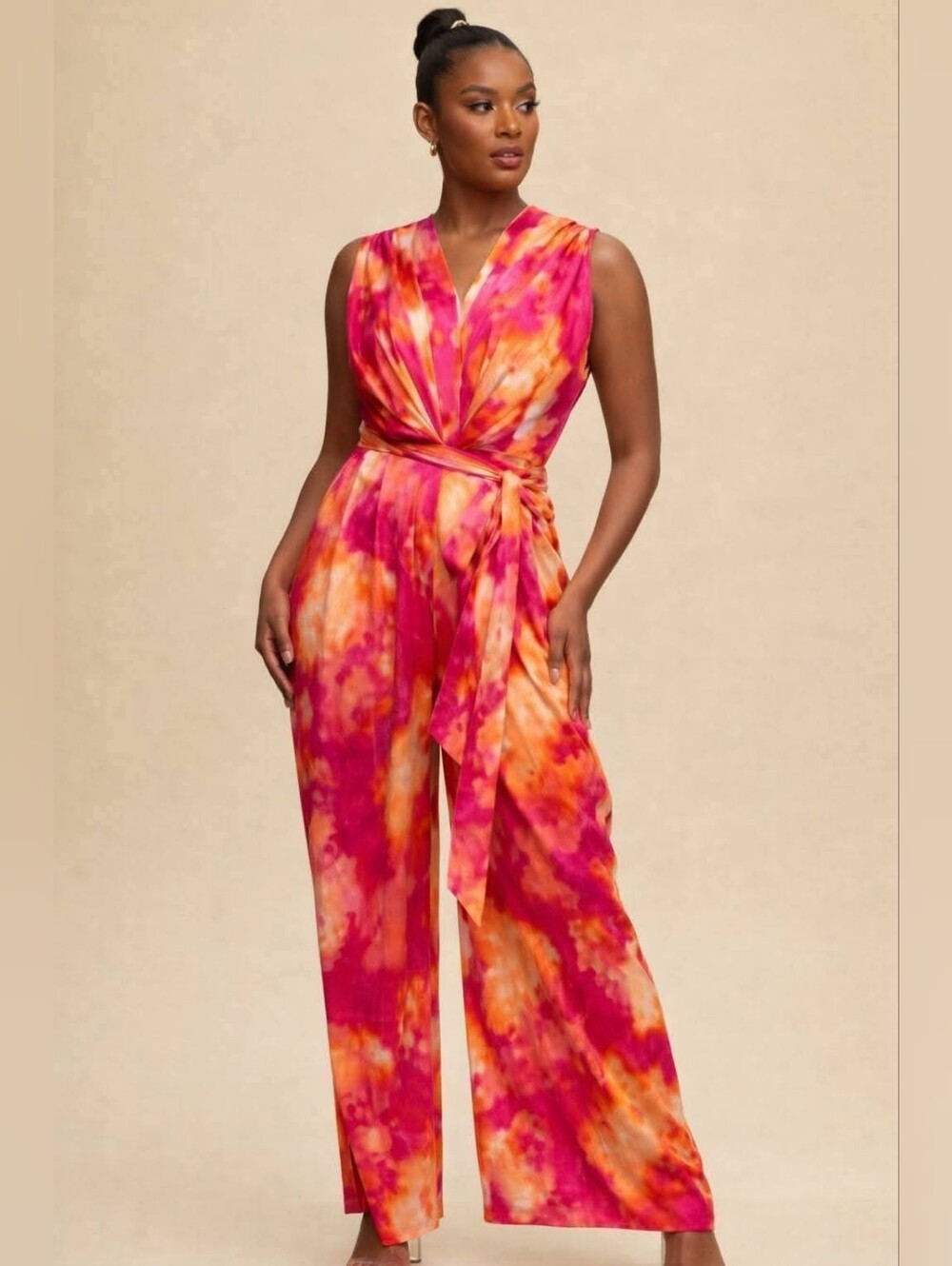 Fashion Nova Sleeveless Tie-Waist Wide-Leg Jumpsuit in Pink Orange Tie-Dye